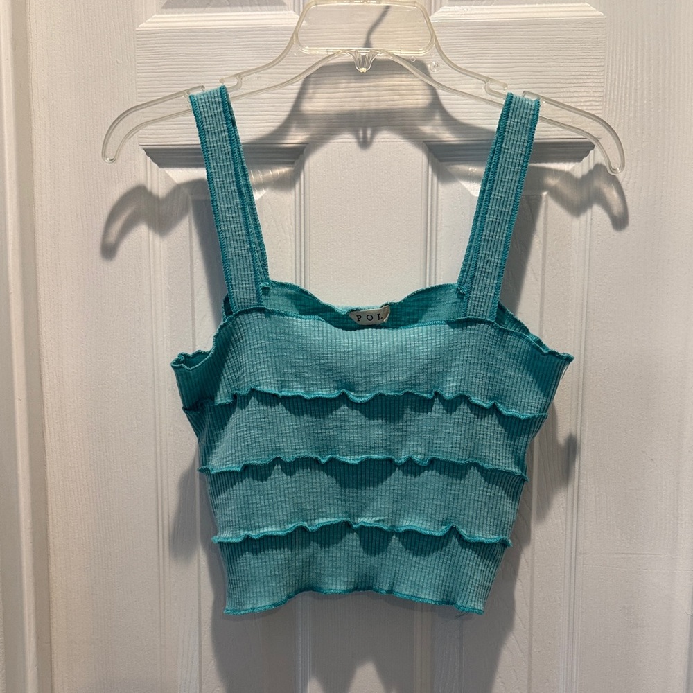 POL Turquoise Ruffled Crop Top